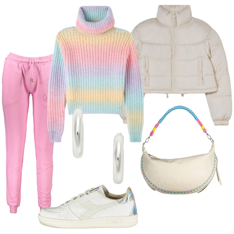 Outfit donna - Confortevole. Stile Urban per Tutti i giorni. Abbinamento con maglieria, blazer, orecchini, sneakers, pantaloni, borse a spalla.