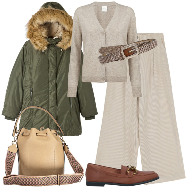 Outfit donna - Stile per tutti i giorni. Stile Casual per Tutti i giorni. Abbinamento con mocassini, parka, cinture, pantaloni a palazzo, cardigans, borse a spalla.