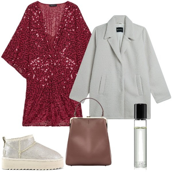 Outfit donna - paillettes. Stile Glamour per Tutti i giorni. Abbinamento con profumi, cappotti, borse a spalla, stivaletti, vestiti.