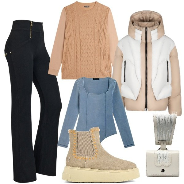 Outfit donna - Natale non convenzionale. Stile 70s per Tutti i giorni. Abbinamento con jeans a zampa, maglieria, body, piumini, stivaletti, borse a mano.