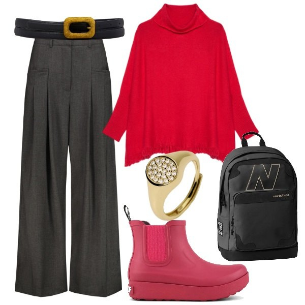Outfit donna - Natale non convenzionale. Stile 70s per Tutti i giorni. Abbinamento con anelli, zaini, stivali, cinture, pantaloni, maglieria.