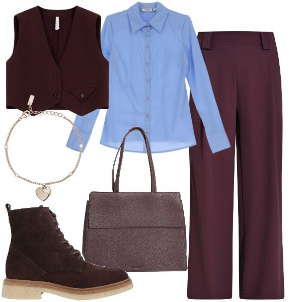 Outfit donna - mannish col cuore. Stile Mannish per Ufficio. Abbinamento con stivaletti, borse a mano, camicie, braccialetti con ciondoli, pantaloni, gilet.