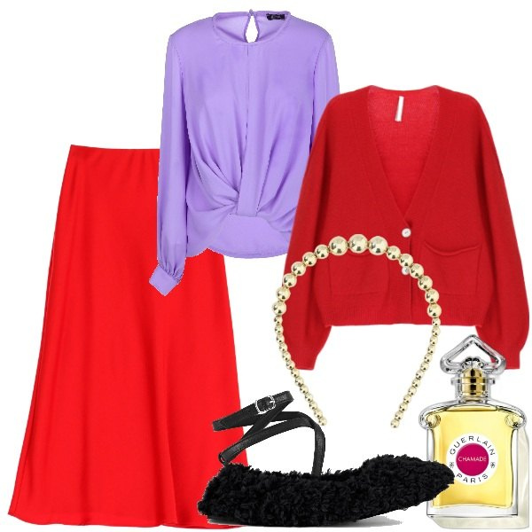 Outfit donna - Feste in casa. Stile Bon Ton per Tutti i giorni. Abbinamento con profumi, cardigans, gonne longuette, bluse, cerchietti, ballerine.