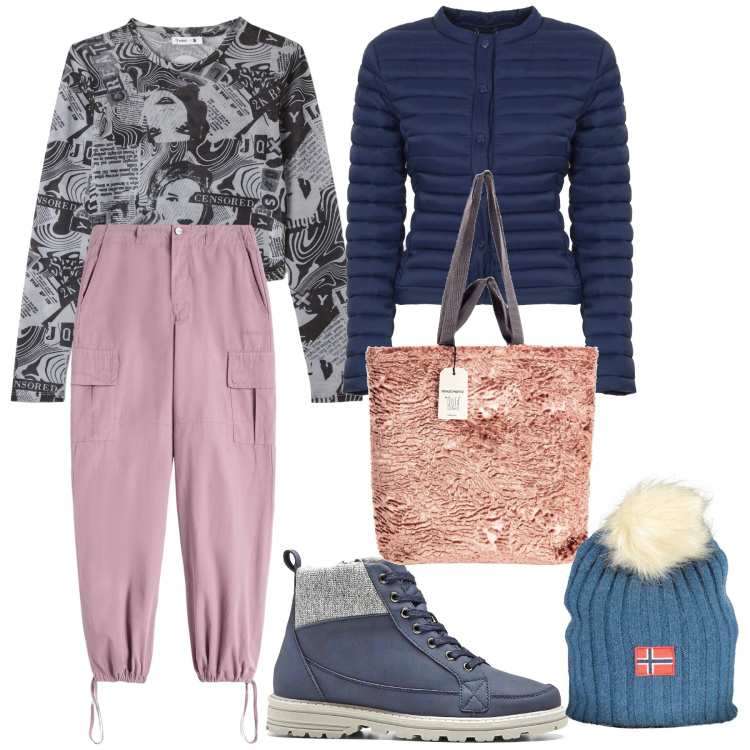 Outfit donna - Total look. Stile Trendy per Tutti i giorni. Abbinamento con stivaletti, t-shirt, borse tote, piumini, pantaloni cargo, berretti.