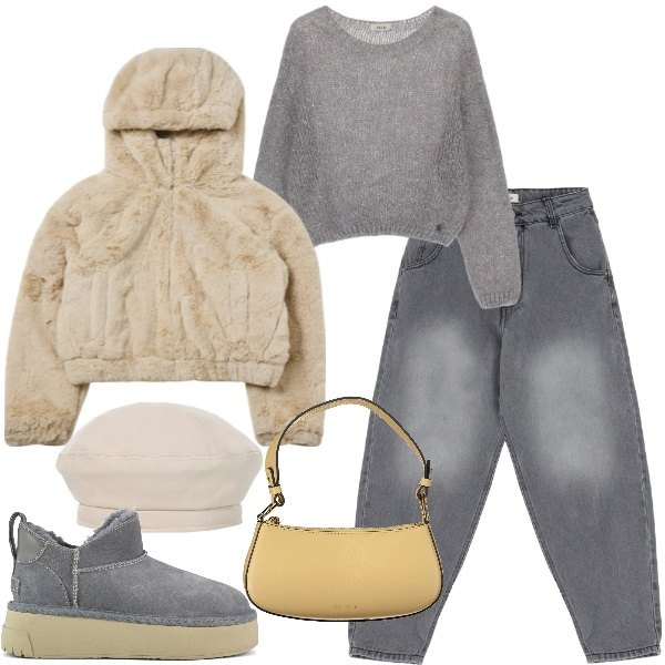 Outfit donna - Al caldo e trendy. Stile Trendy per Tutti i giorni. Abbinamento con felpe con cappuccio, jeans, maglieria, cappelli e berretti, stivali, borse a spalla.