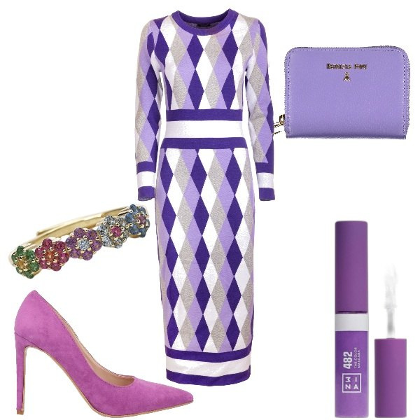 Outfit donna - Abito a rombi. Stile Bon Ton per Ufficio. Abbinamento con décolleté, mascara, anelli, vestiti midi/longuette, portafogli.