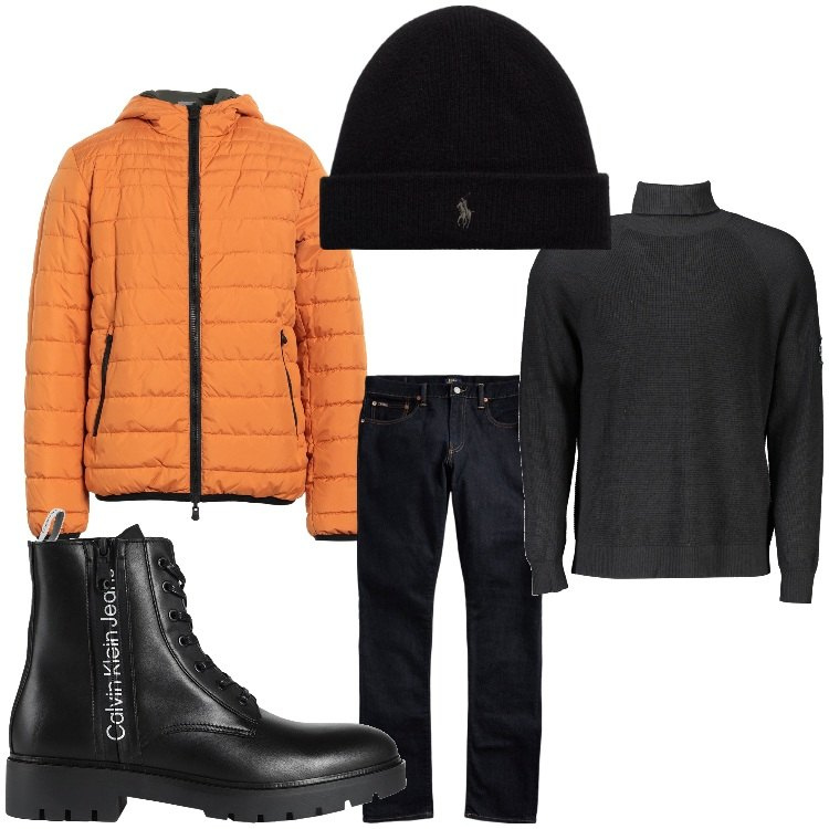 Outfit uomo - Piumino arancio. Stile Urban per Tutti i giorni. Abbinamento con piumini, anfibi, jeans, berretti, maglieria.