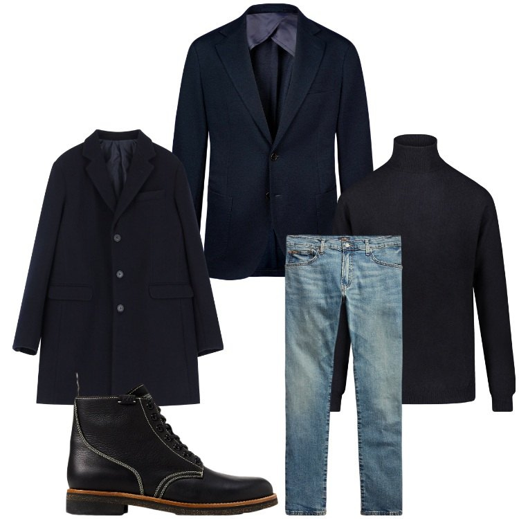 Outfit uomo - Blu casual chic. Stile Casual per Ufficio. Abbinamento con cappotti, stivali, jeans, maglieria, giacche.