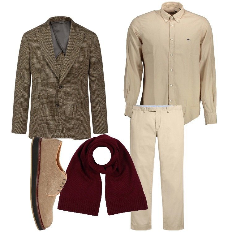 Outfit uomo - Giacca in marrone. Stile Business/Elegante per Ufficio. Abbinamento con scarpe stringate, sciarpe, pantaloni chino, giacche, camicie.