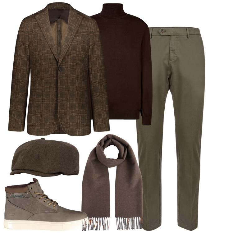 Outfit uomo - Total look #2018354. Stile Casual per Tutti i giorni. Abbinamento con giacche, stivali, pantaloni chino, cappelli e berretti, maglieria, sciarpe.