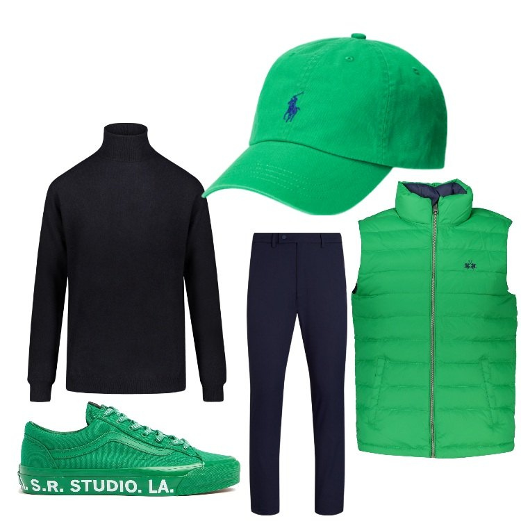 Outfit uomo - Verde e blu. Stile Casual per Tutti i giorni. Abbinamento con cappelli, pantaloni, maglieria, giacche, sneakers.