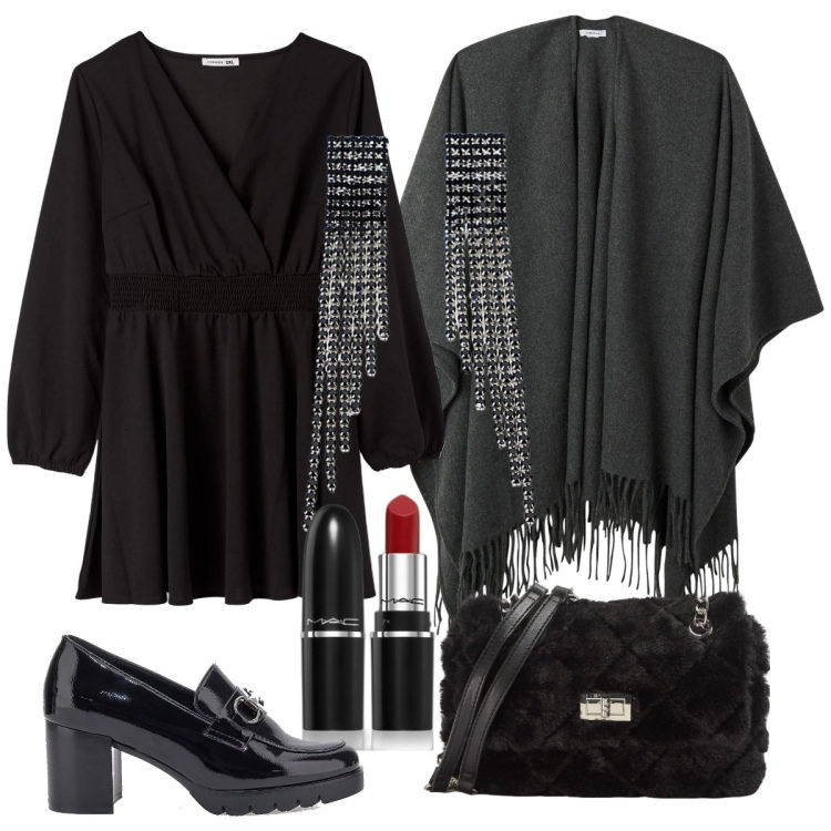 Outfit donna - Un serata elegante. Stile Minimal per Serata fuori. Abbinamento con rossetti, vestiti corti, cappe, borse a spalla, orecchini, mocassini.