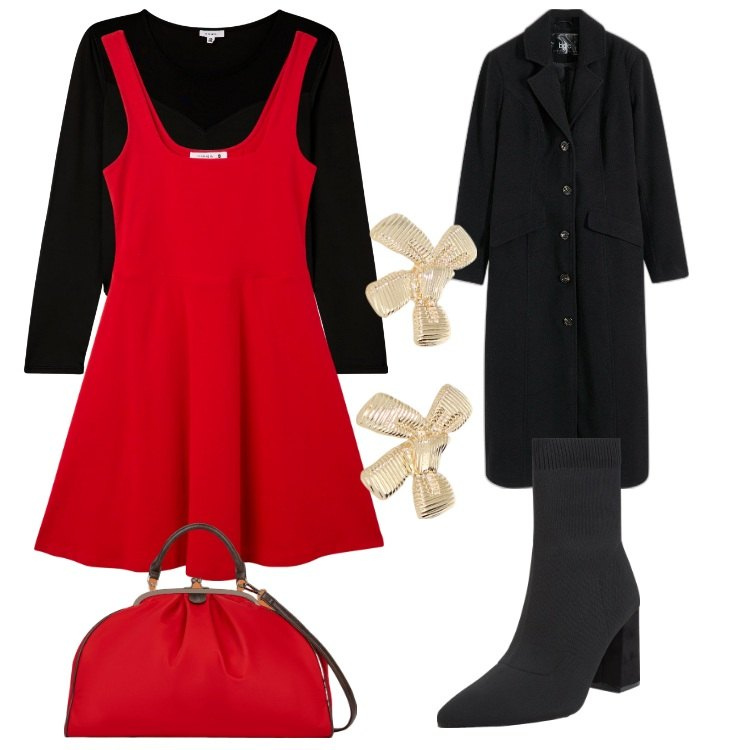 Outfit donna - Red christmas. Stile Casual chic per Serata fuori. Abbinamento con cappotti, stivaletti, vestiti, body, orecchini, borse a spalla.