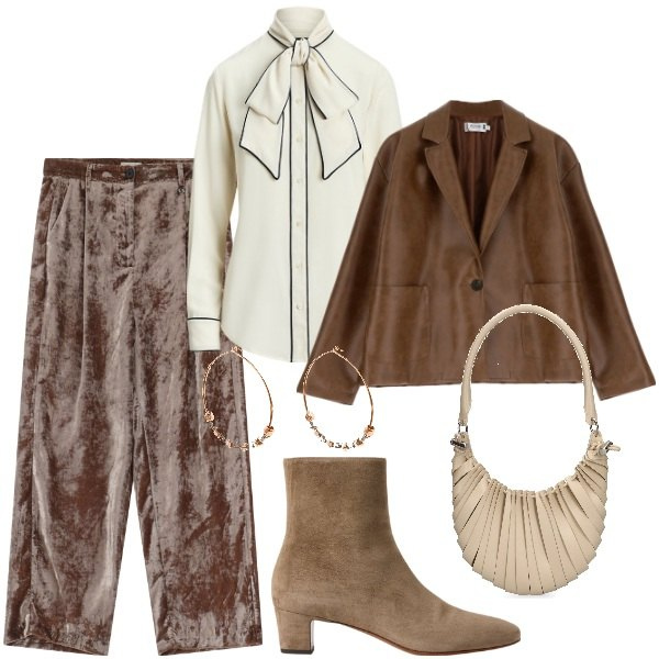 Outfit donna - Velvet elegance. Stile Bon Ton per Cerimonia. Abbinamento con pantaloni, blazer, camicie, stivaletti, orecchini, borse a mano.