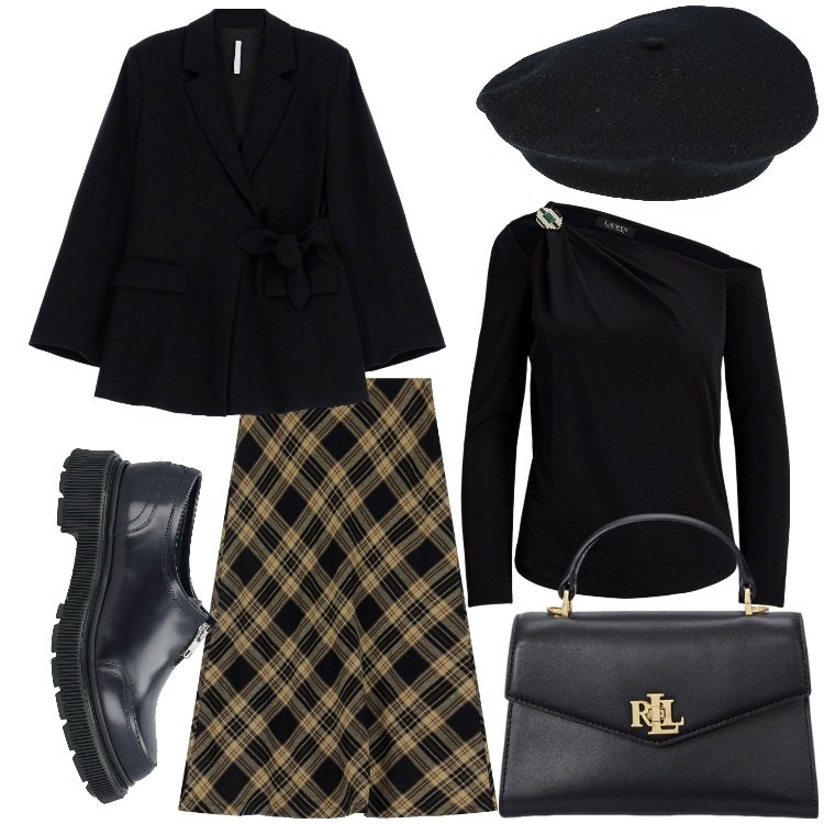 Outfit donna - Gonna a quadretti. Stile Casual chic per Serata fuori. Abbinamento con cappelli, mocassini, blazer, gonne lunghe, borse a mano, maglieria.