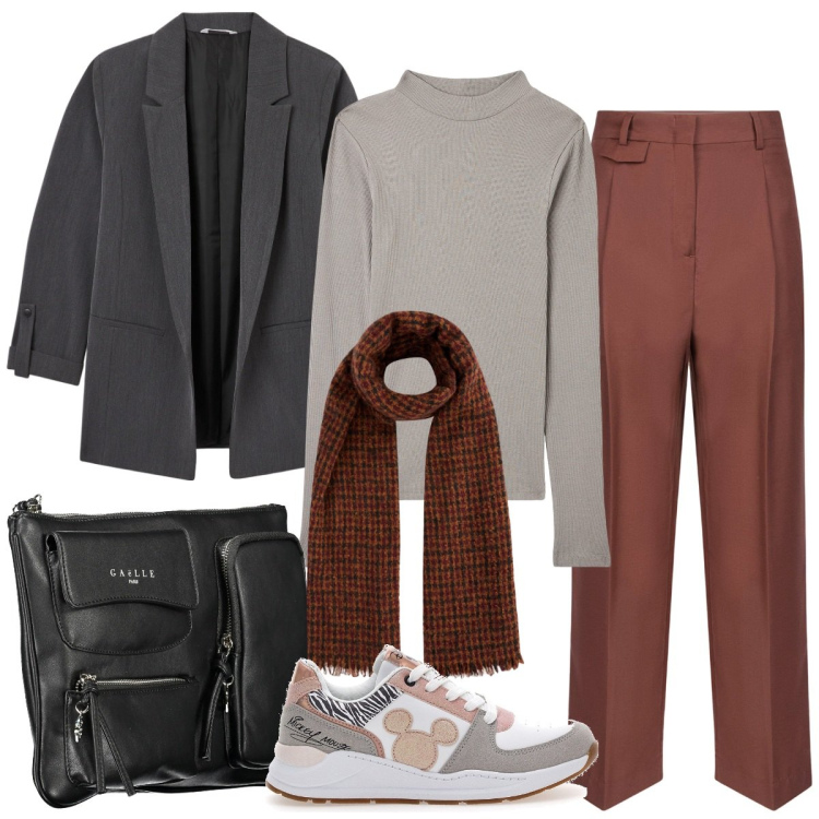 Outfit donna - Ruggine dinamico. Stile Mannish per Ufficio. Abbinamento con blazer, t-shirt, sneakers, pantaloni, pochette, sciarpe.