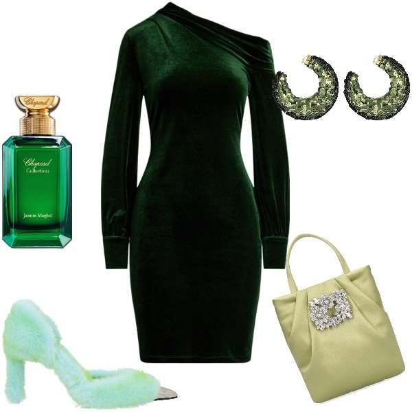 Outfit donna - Velvet elegante. Stile Vintage retrò per Serata fuori. Abbinamento con décolleté, profumi, vestiti asimmetrici, orecchini, borse a mano.
