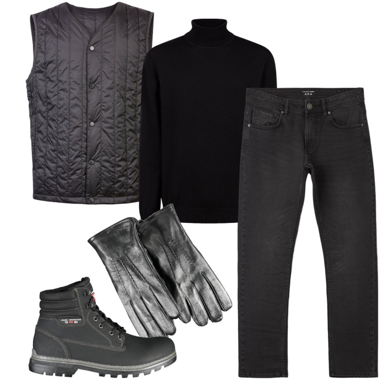 Outfit uomo - Freddo non ti temo. Stile Business/Elegante per Serata speciale. Abbinamento con jeans dritti, piumini, maglieria, stivali, guanti.