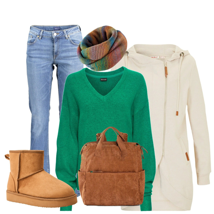 Outfit donna - M & me. Stile Casual per Tutti i giorni. Abbinamento con maglieria, foulard, zaini, blazer, stivali, jeans.