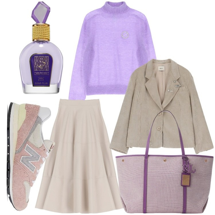 Outfit donna - Al lavoro in gonna. Stile Casual chic per Ufficio. Abbinamento con profumi, sneakers, maglieria, gonne longuette, blazer, borse tote.