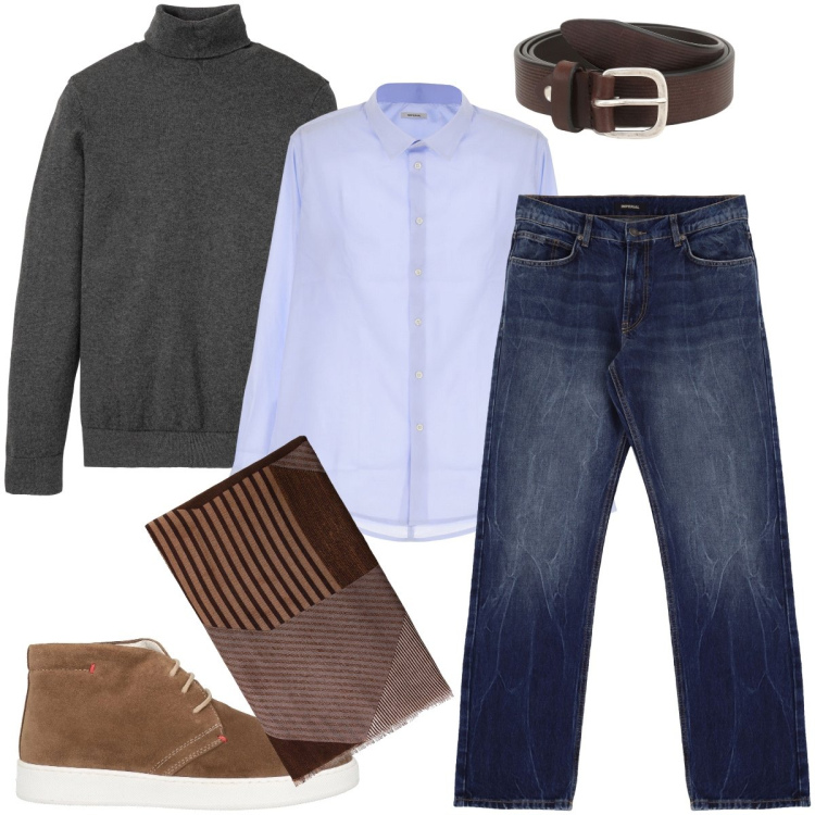 Outfit uomo - Casual chic. Stile Casual per Ufficio. Abbinamento con maglieria, stivali e stivaletti, camicie, cinture, jeans dritti, sciarpe.