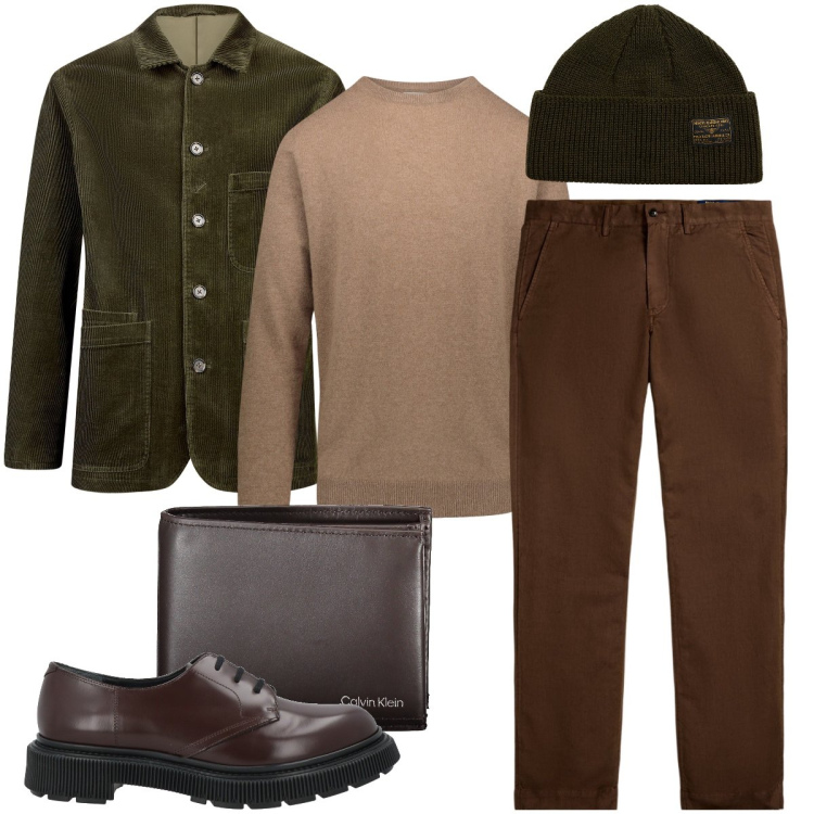 Outfit uomo - Colori terrosi. Stile Trendy per Serata speciale. Abbinamento con scarpe stringate, pantaloni, berretti, maglieria, giacche, portafogli.