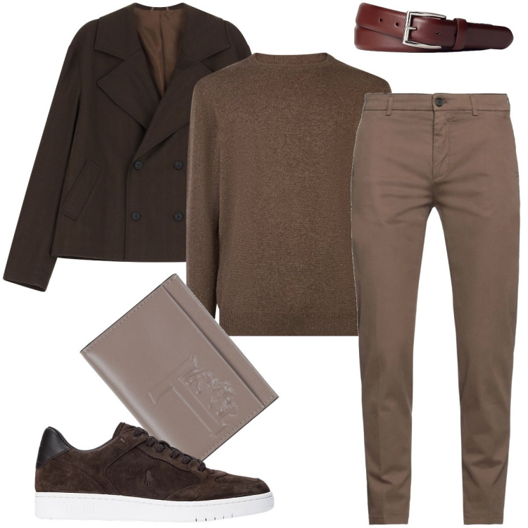 Outfit uomo - Toni caldi. Stile Trendy per Ufficio. Abbinamento con portafogli, pantaloni, giacche, cinture, sneakers, maglieria.