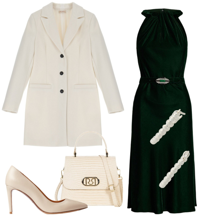 Outfit donna - Velluto verde. Stile Chic per Cerimonia. Abbinamento con borse a mano, cappotti, orecchini, vestiti, décolleté.
