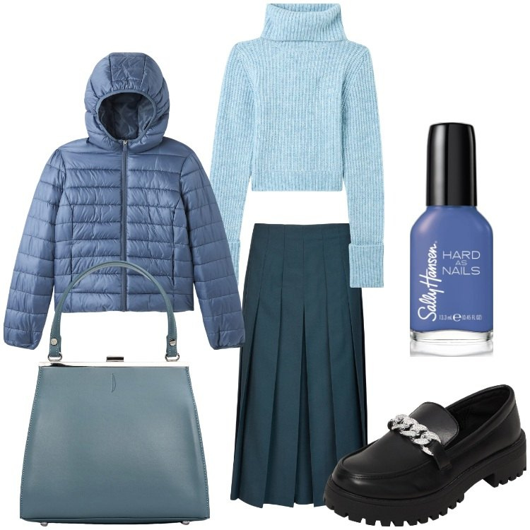 Outfit donna - Tutto blu. Stile Bon Ton per Tutti i giorni. Abbinamento con smalti, maglieria, blazer, mocassini, clutch, gonne longuette.