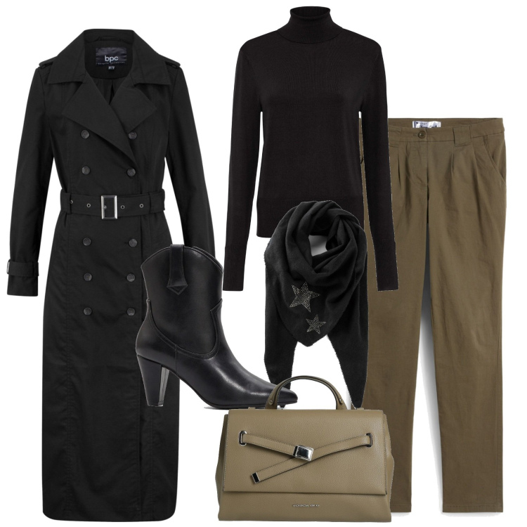 Outfit donna - I pantaloni color kaki. Stile Urban per Tutti i giorni. Abbinamento con pantaloni chino, foulard, trench, maglieria, stivaletti texani, borse a mano.