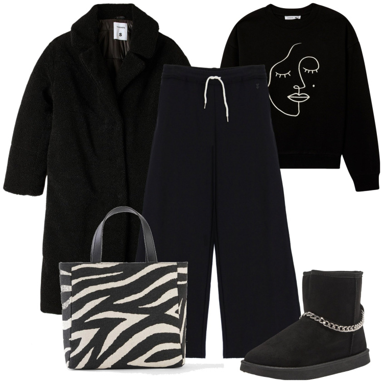 Outfit donna - Ecofur e borsa animalier. Stile Sporty chic per Tutti i giorni. Abbinamento con borse a mano, cappotti, felpe, stivaletti, pantaloni a palazzo.