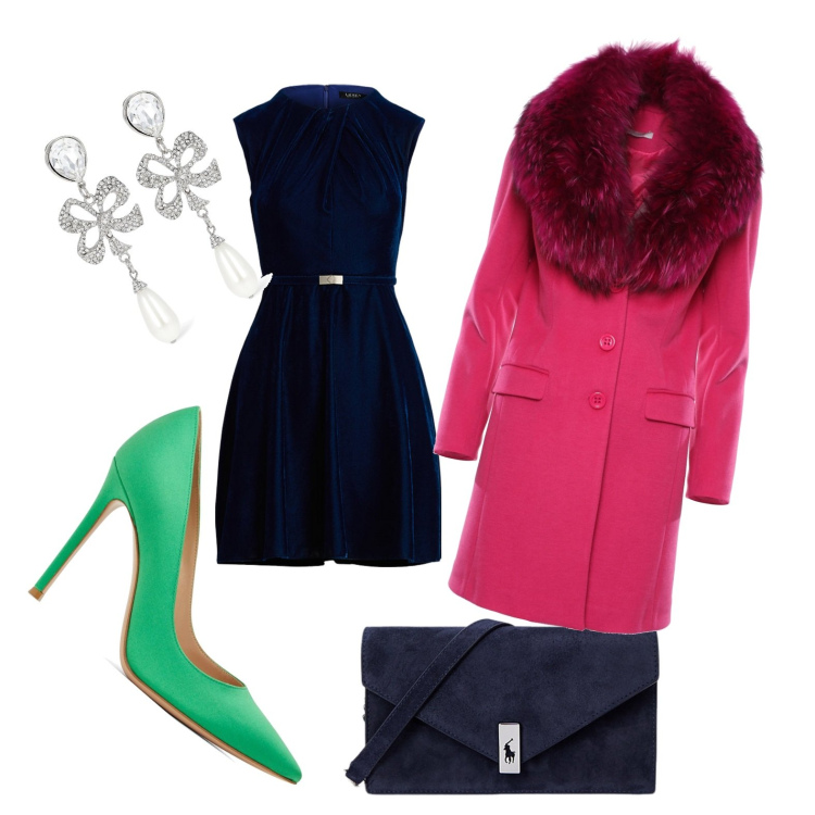 Outfit donna - Natale a colori. Stile Glamour per Serata fuori. Abbinamento con cappotti, vestiti, clutch, orecchini, décolleté.
