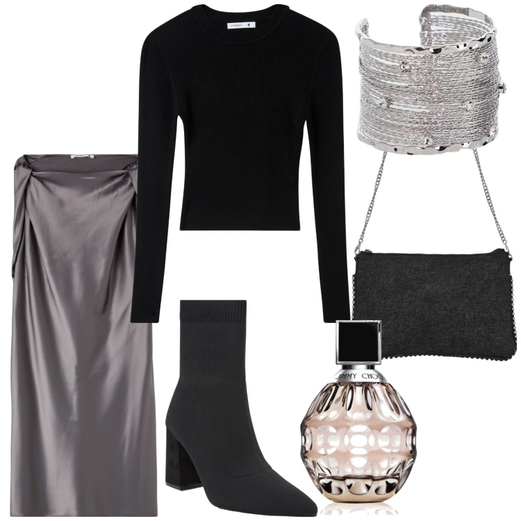 Outfit donna - Serata tra amiche. Stile Glamour per Serata fuori. Abbinamento con profumi, vestiti corti, stivaletti, borse a tracolla, maglieria, braccialetti.