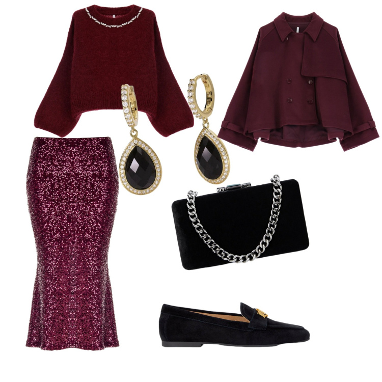 Outfit donna - Serate di festa. per Serata fuori. Abbinamento con orecchini, gonne longuette, maglieria, caban, mocassini, clutch.