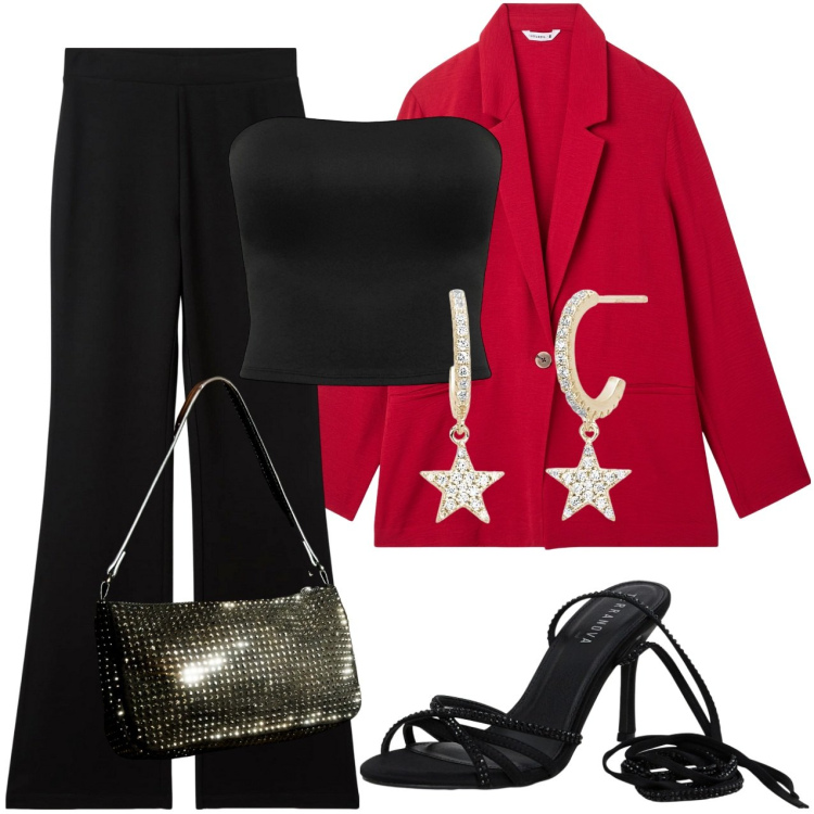 Outfit donna - Giacca monopetto rosso. Stile Casual chic per Serata fuori. Abbinamento con blazer, pantaloni, top, sandali alla schiava, borse a spalla, orecchini.