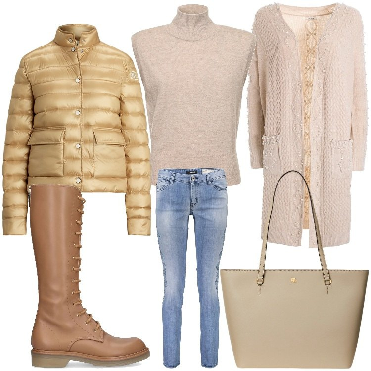 Outfit donna - Gioco di lunghezze. Stile Casual chic per Tutti i giorni. Abbinamento con cardigans, borse tote, piumini, stivali, maglieria, jeans.