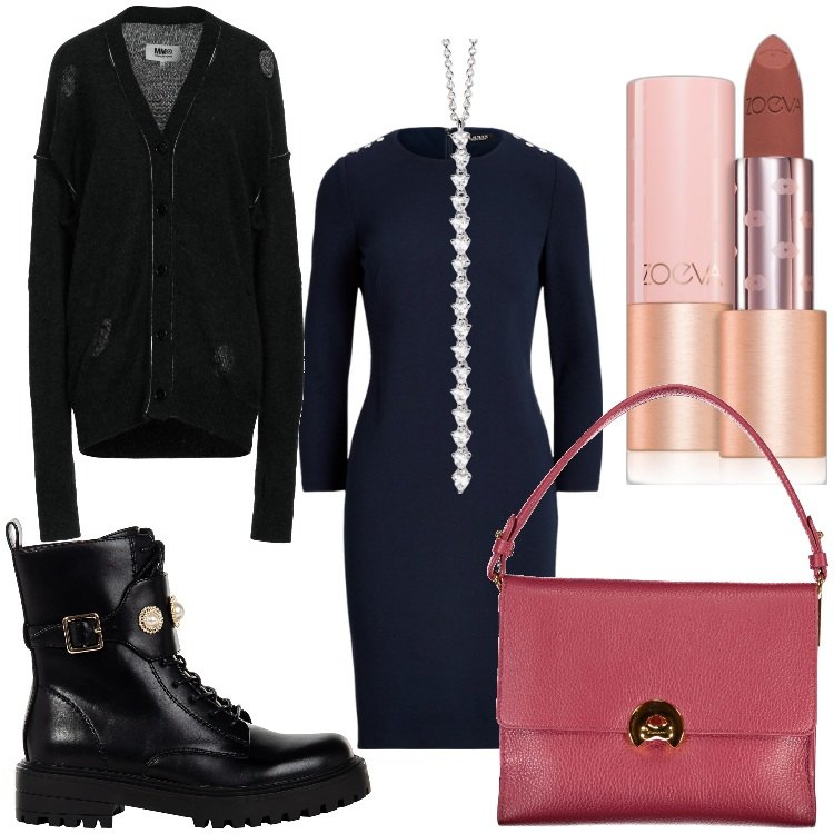 Outfit donna - Abito stretch. Stile Casual chic per Ufficio. Abbinamento con cardigans, rossetti, ciondoli, anfibi, vestiti, borse a spalla.