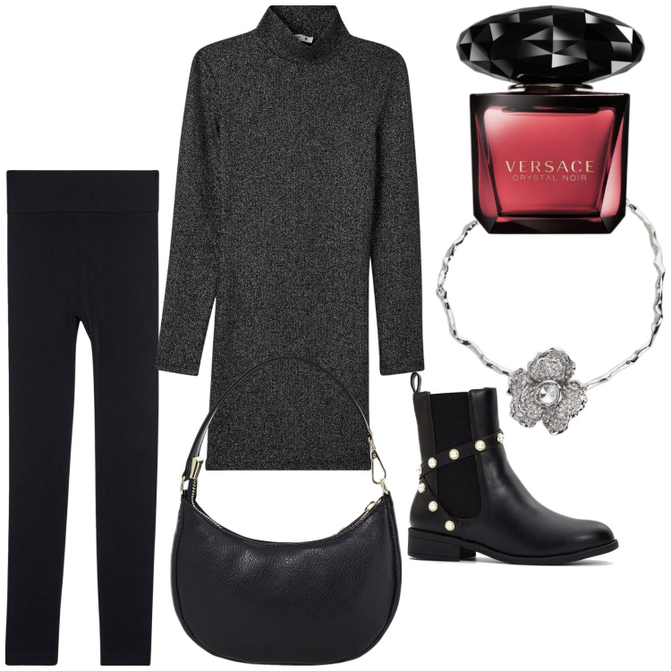 Outfit donna - Total look #2018448. Stile Casual chic per Tutti i giorni. Abbinamento con stivaletti, profumi, vestiti corti, leggings, borse a spalla, collane.