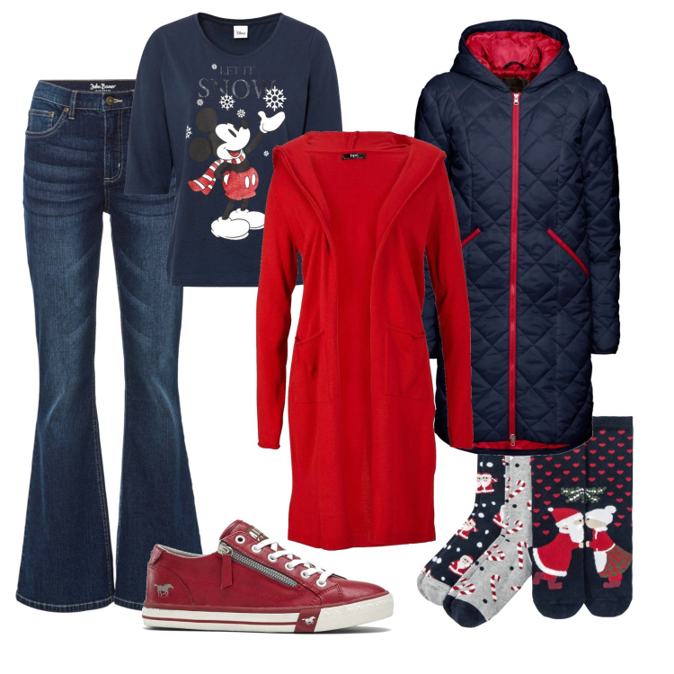 Outfit donna - Il mio Natale a Disneyland !. Stile Casual per Tutti i giorni. Abbinamento con jeans a zampa, blazer, maglieria, cardigans, sneakers, calzini.