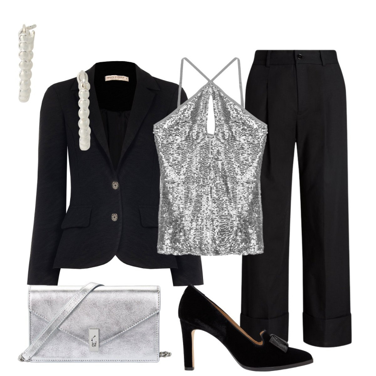 Outfit donna - Nero e argento serata glam. Stile Glamour per Serata fuori. Abbinamento con blazer, top, orecchini, décolleté, pantaloni, clutch.