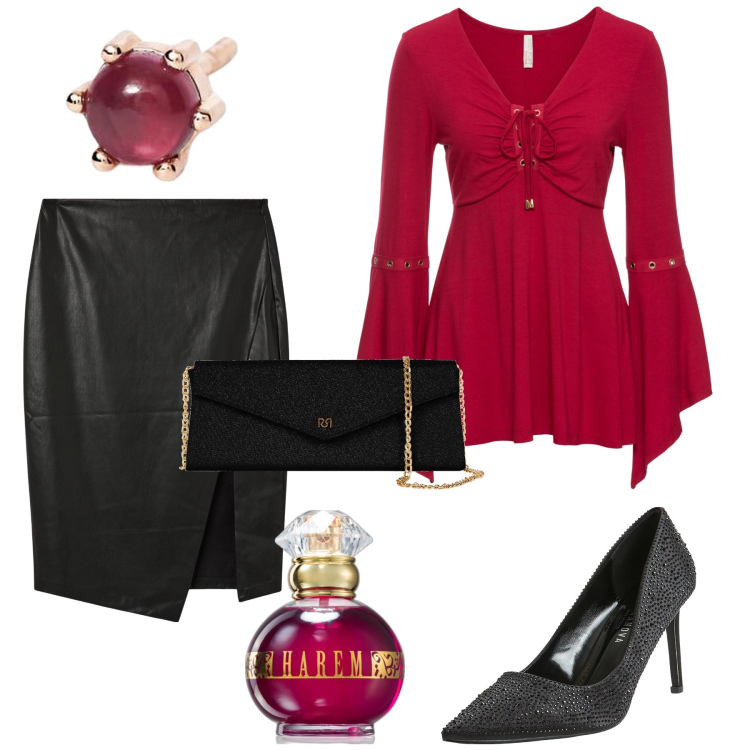 Outfit donna - Low cost chic per le feste. Stile Sexy per Cerimonia. Abbinamento con maglieria, profumi, décolleté, gonne longuette, orecchini, pochette.