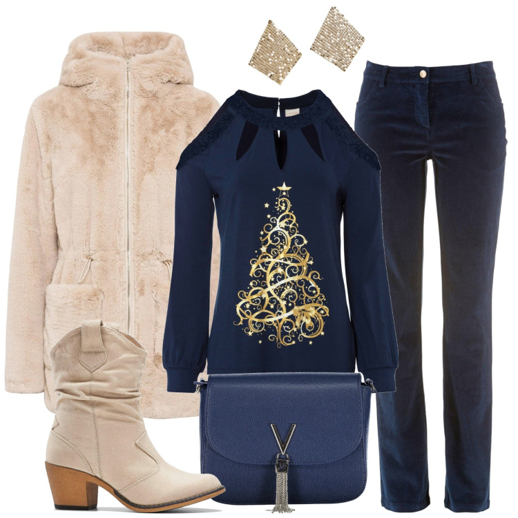 Outfit donna - Festività easy. Stile Basic per Tutti i giorni. Abbinamento con ecopellicce, stivaletti texani, maglieria, pantaloni, orecchini, borse a spalla.