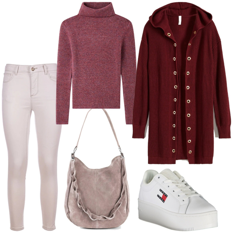 Outfit donna - Total look #2018463. Stile Casual per Tutti i giorni. Abbinamento con borse a mano, cardigans, maglieria, jeans skinny, sneakers.