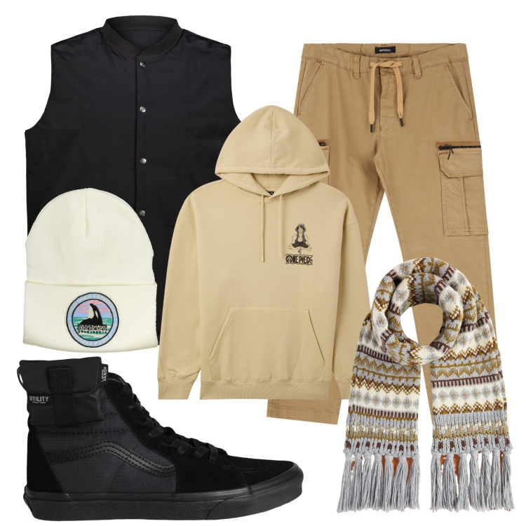 Outfit uomo - Usciamo insieme. Stile Urban per Tutti i giorni. Abbinamento con sneakers alte, pantaloni cargo, felpe con cappuccio, sciarpe, gilet, berretti.