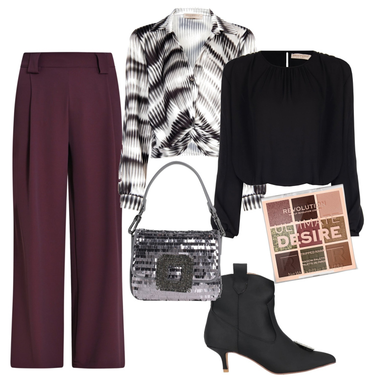 Outfit donna - Raffinata eleganza. Stile Casual chic per Serata fuori. Abbinamento con borse a mano, stivaletti, ombretti, bluse, pantaloni, bluse.