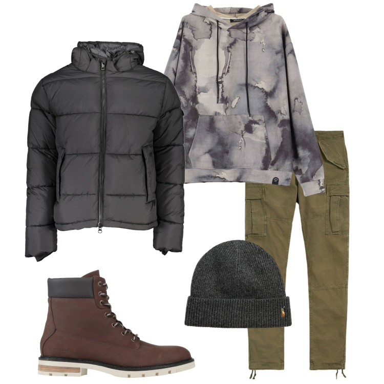 Outfit uomo - Outdoor urbano. Stile Urban per Tutti i giorni. Abbinamento con stivali e stivaletti, felpe con cappuccio, berretti, pantaloni cargo, giacche.