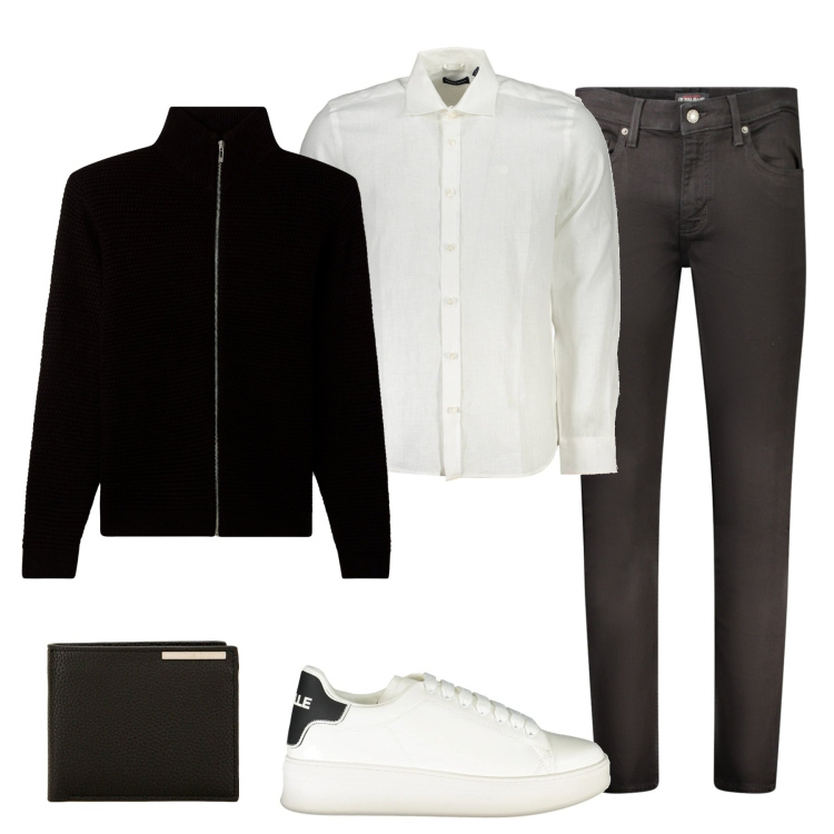 Outfit uomo - Casual chic. Stile Casual per Serata speciale. Abbinamento con cardigans, portafogli, sneakers, jeans skinny, camicie.