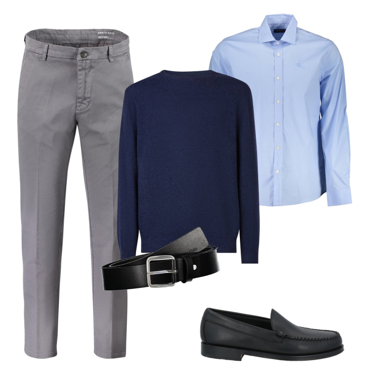 Outfit uomo - Grigio e blu fashion. Stile Business/Elegante per Ufficio. Abbinamento con scarpe stringate, maglieria, pantaloni, cinture, camicie.