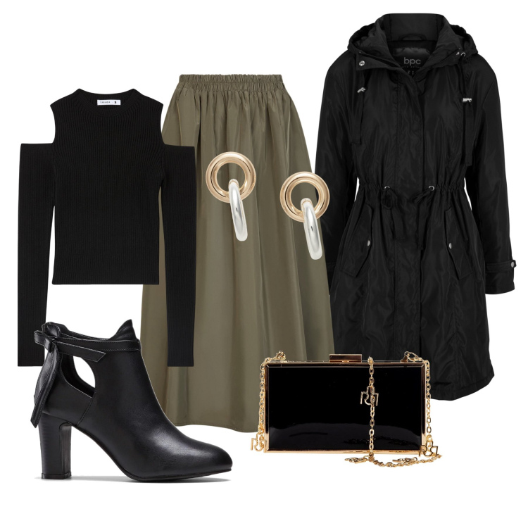Outfit donna - Total look #2018481. Stile Chic per Serata fuori. Abbinamento con stivaletti, blazer, maglieria, pochette, orecchini, gonne lunghe.