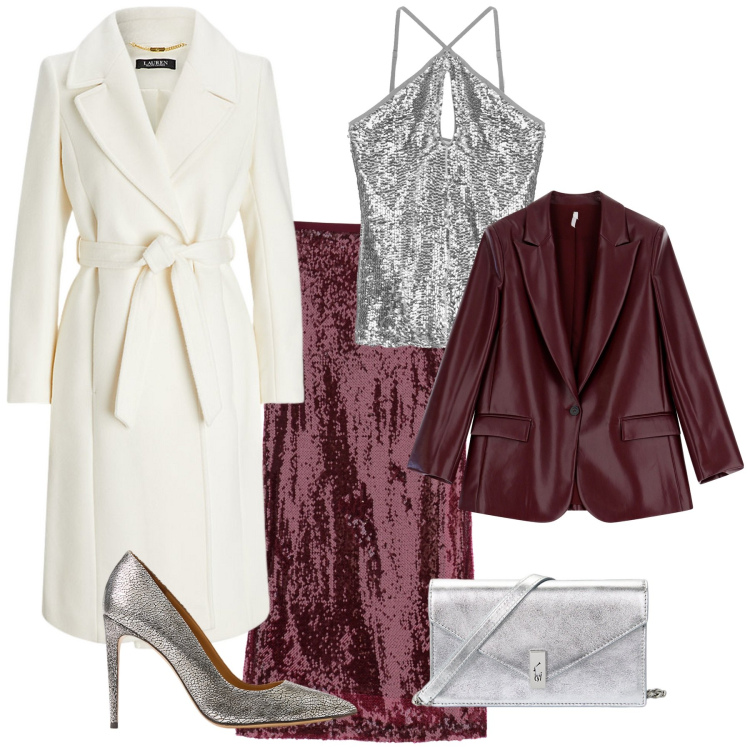 Outfit donna - Total look #2018493. Stile Glamour per Serata fuori. Abbinamento con blazer, gonne lunghe, top, cappotti, décolleté, clutch.